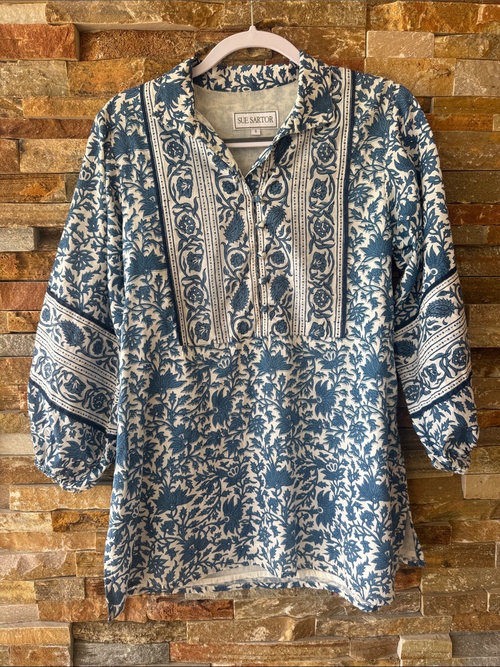 Sue Sartor Blue & White Floral Tunic Blouse Lined Small